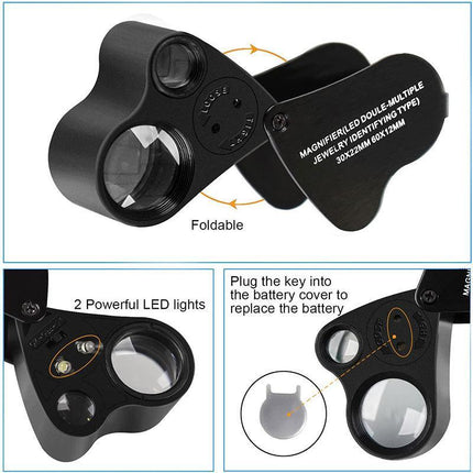 60X 30X Pocket Jewellers Eye Loupe Magnifier Jewelry Magnifying Glass LED Light - Aimall