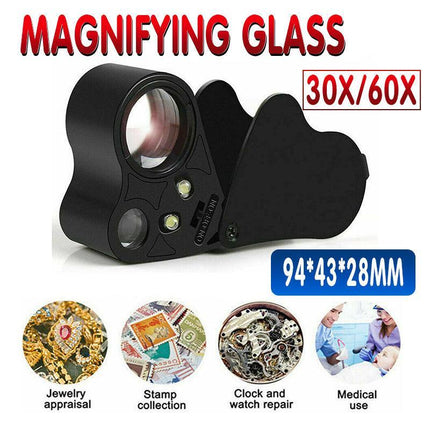 60X 30X Pocket Jewellers Eye Loupe Magnifier Jewelry Magnifying Glass LED Light - Aimall