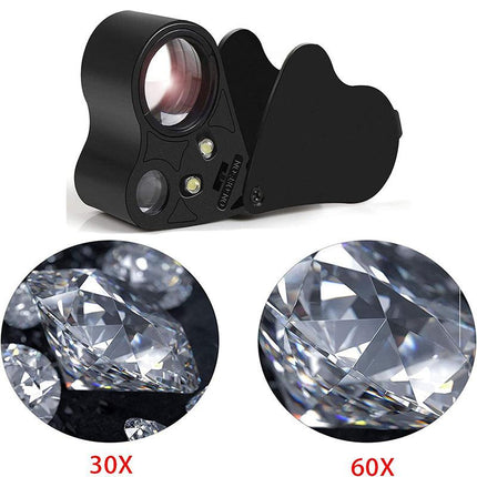 60X 30X Pocket Jewellers Eye Loupe Magnifier Jewelry Magnifying Glass LED Light - Aimall
