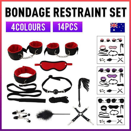 14PCS Bondage Set BDSM Restraint Ball Gag Fetish Handcuffs Couples Sex Whip Toy - Aimall