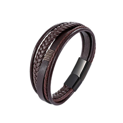 Men Stainless Steel Buckle Leather Bracelet Bangle Cuff Vintage Wristband Rope - Aimall