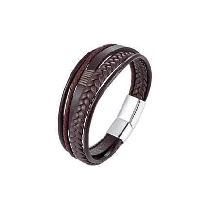 Men Stainless Steel Buckle Leather Bracelet Bangle Cuff Vintage Wristband Rope - Aimall