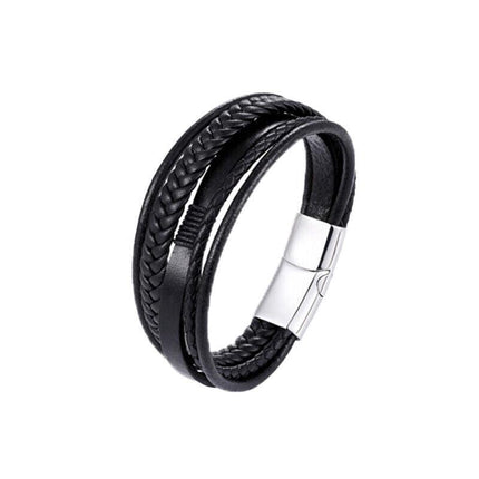 Men Stainless Steel Buckle Leather Bracelet Bangle Cuff Vintage Wristband Rope - Aimall