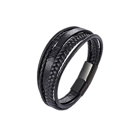 Men Stainless Steel Buckle Leather Bracelet Bangle Cuff Vintage Wristband Rope - Aimall
