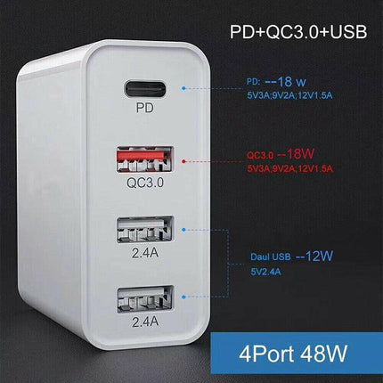48W QUALCOMM QC3.0 4 PORT TYPE C FAST WALL CHARGER PLUG Adapter AU STOCK - Aimall