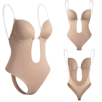 Women Deep U Plunge Seamless Push Up Bra Thong Body Shaper Backless Bodysuit Hot - Aimall