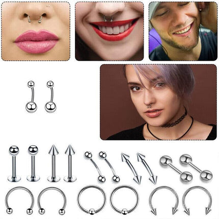 42Pcs Body Piercing Kit Needle Nipple Belly Tongue Eyebrow Nose Lip Ring 14G/16G - Aimall