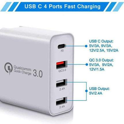 48W QUALCOMM QC3.0 4 PORT TYPE C FAST WALL CHARGER PLUG Adapter AU STOCK - Aimall