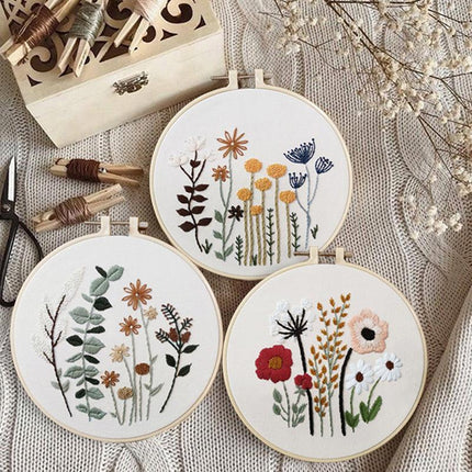 DIY Flowers Pattern Embroidery Kits Craft Beginner Needlepoint Hoop Cross Stitch - Aimall