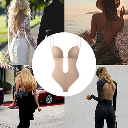 Women Deep U Plunge Seamless Push Up Bra Thong Body Shaper Backless Bodysuit Hot - Aimall