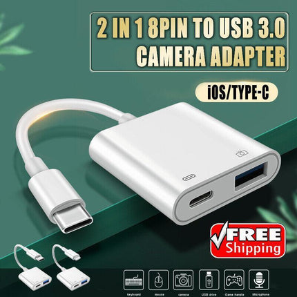 For iPhone/Type C 8-Pin to USB 3.0 Camera Adapter Easy to Transfer Photos Videos - Aimall
