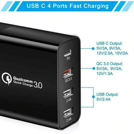 48W QUALCOMM QC3.0 4 PORT TYPE C FAST WALL CHARGER PLUG Adapter AU STOCK - Aimall