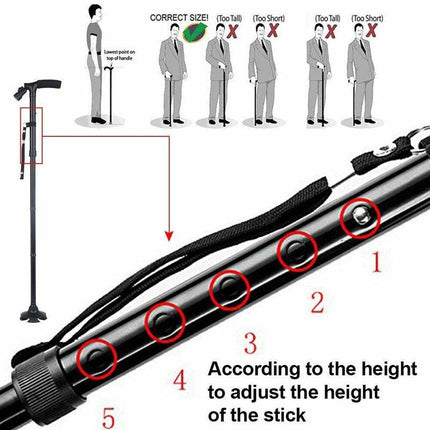 AU LED Walking Stick Cane Safety All Terrain Pivoting Base Folding Travel Cane - Aimall