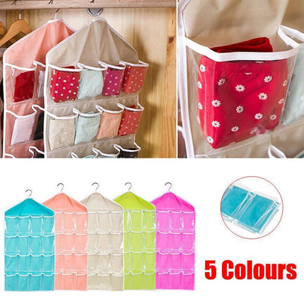 16 Pockets Organizer Clear Hanger Wardrobe Storage Bag Hanging Socks Rack Holder - Aimall