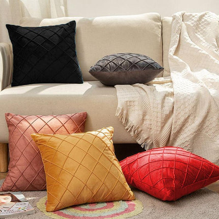 Velvet Cushion Cover Pleated Checked Plaid Plush Decorative Lounge Cushion Cover - Aimall