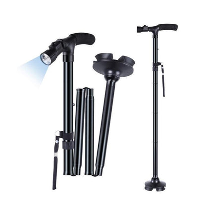 AU LED Walking Stick Cane Safety All Terrain Pivoting Base Folding Travel Cane - Aimall