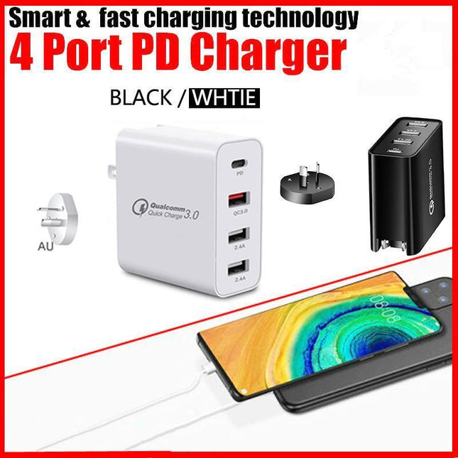 48W QUALCOMM QC3.0 4 PORT TYPE C FAST WALL CHARGER PLUG Adapter AU STOCK - Aimall