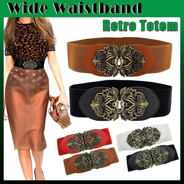 Retro Totem Wide Waistband Elastic Stretch Dress Waist Belt Buckle band Women AU - Aimall