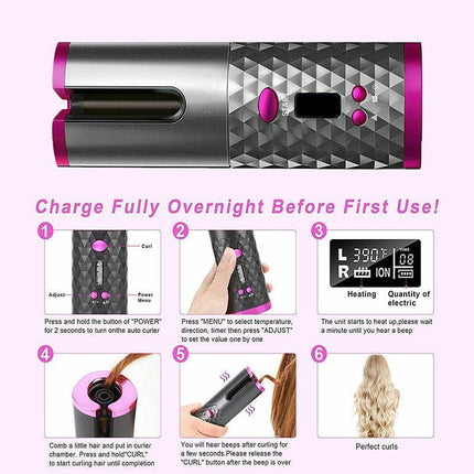LCD Cordless Auto Rotating Hair Curler Hair Waver Curling Iron Wireless Ceramic - Aimall