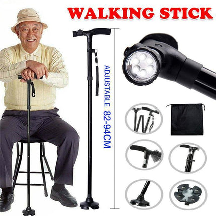 AU LED Walking Stick Cane Safety All Terrain Pivoting Base Folding Travel Cane - Aimall