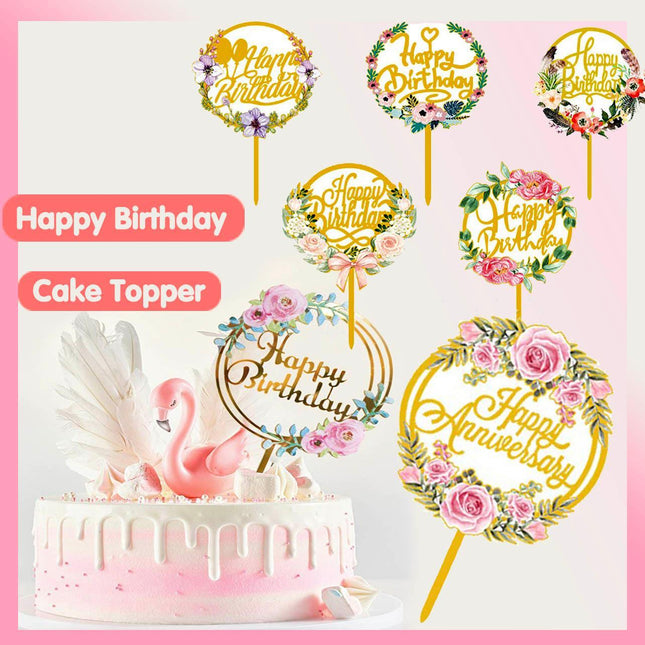 Happy Birthday Anniversary Wedding Cake Flowers Topper Acrylic Party Decorations - Aimall