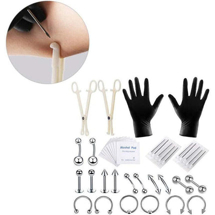 42Pcs Body Piercing Kit Needle Nipple Belly Tongue Eyebrow Nose Lip Ring 14G/16G - Aimall