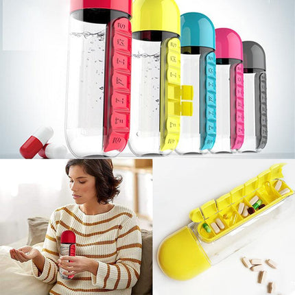 2 IN 1 Water Bottle With Daily Pill Box Organizer Drinking 600ML Bottle AU STOCK - Aimall