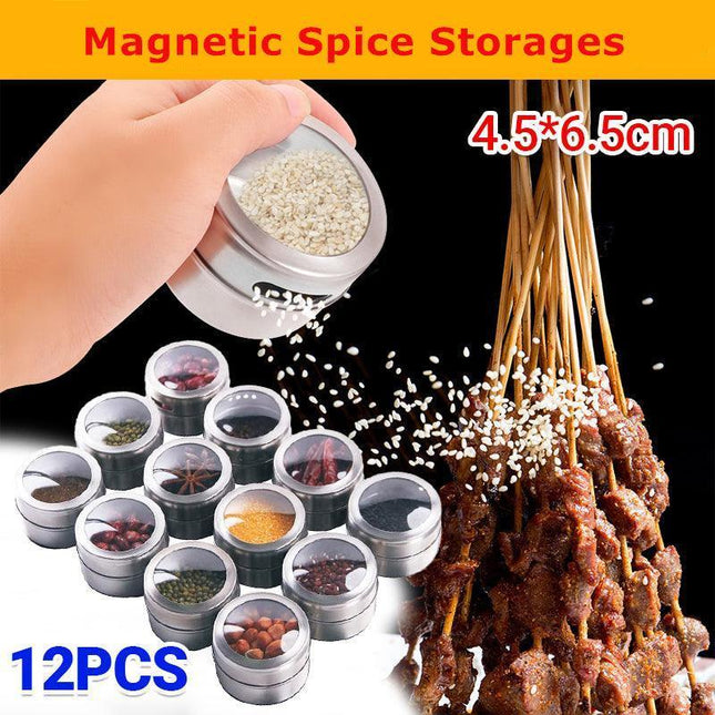 12PCS Kitchen Magnetic Spice Jars Pot Holders Storages Rack Herb Stainless Steel - Aimall