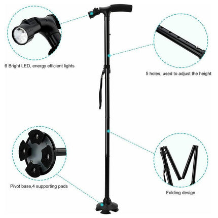 AU LED Walking Stick Cane Safety All Terrain Pivoting Base Folding Travel Cane - Aimall