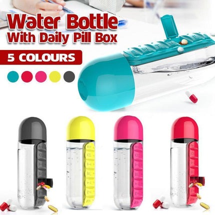 2 IN 1 Water Bottle With Daily Pill Box Organizer Drinking 600ML Bottle AU STOCK - Aimall