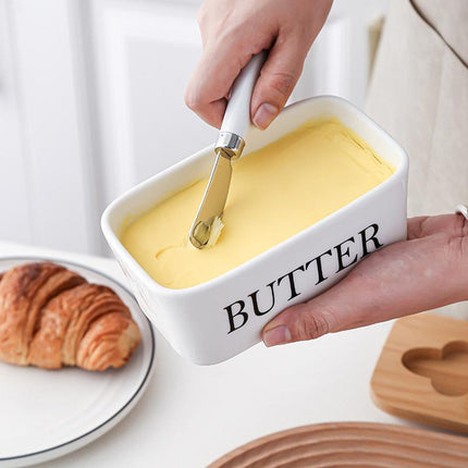 Ceramic Butter Dish Box Storage Tray Container w/ Bamboo Lid &amp; Butter Cutter - Aimall