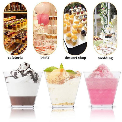 Array of Plastic Dessert Cups filled with colorful desserts.