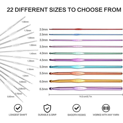 Crochet Hook Set New 22pcs Multicolour Aluminum Knit Knitting Needle Weave Craft - Aimall