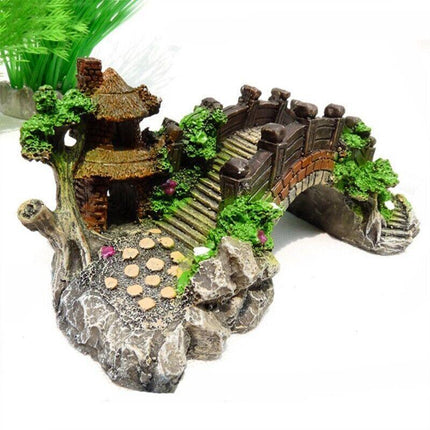 Aquarium Fish Tank Ornament Bridge Resin Rock Pavilion Tree Landscape Decoration - Aimall