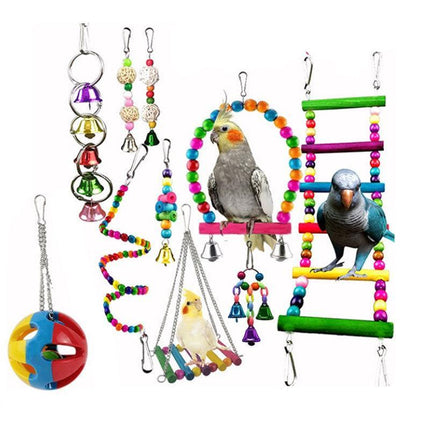 10PCS Bird Toys Parrot Swing Toys Chewing Hanging Bell Cockatiel Cage Toy Set AU - Aimall