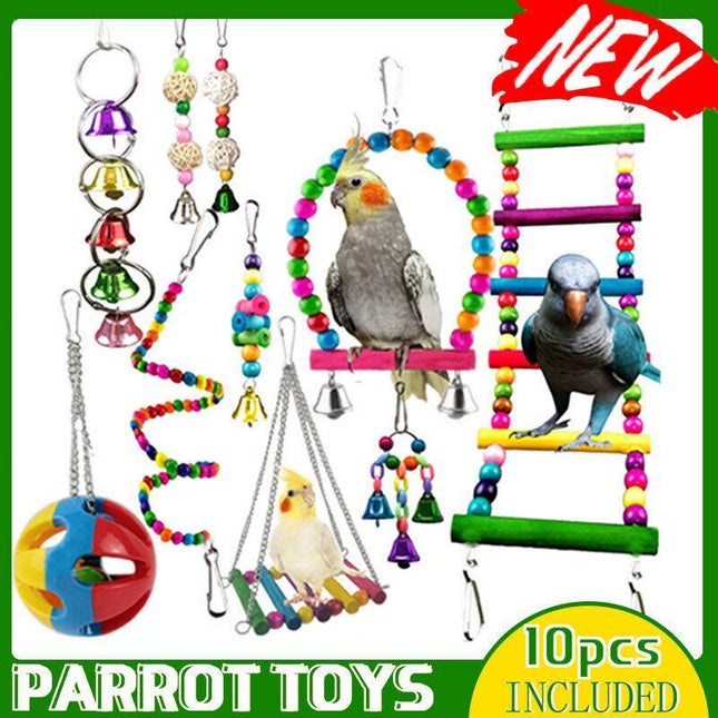10PCS Bird Toys Parrot Swing Toys Chewing Hanging Bell Cockatiel Cage Toy Set AU - Aimall