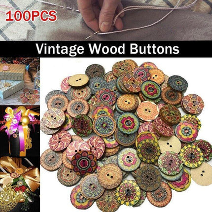 100 Mixed Vintage Wood Buttons Flower DIY Sewing Craft Buttons 2 hole Decorative - Aimall