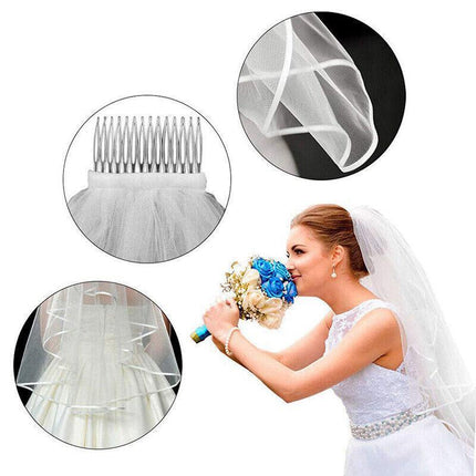 Women Bridal Wedding 2-Tier Veil With Satin Edge Comb Hen's Night White Ivory AU - Aimall
