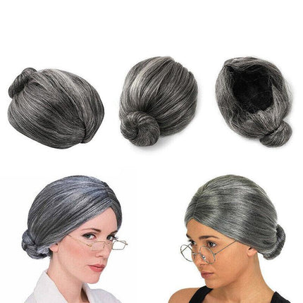 Grandma Wig Old Lady Woman Grey Silver Granny Mother Dress Up Costume Part AU - Aimall