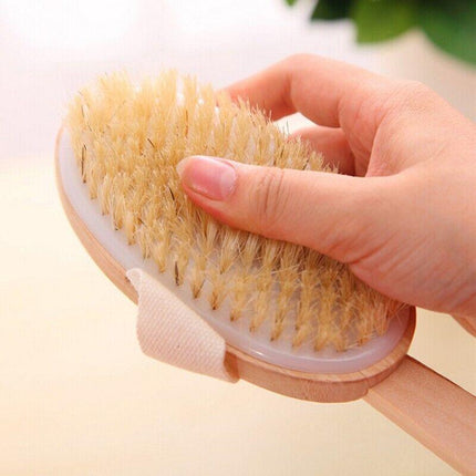 Body Bath Brush Scrub Back Massager Scrubber Long Handle Natural Wooden Shower - Aimall