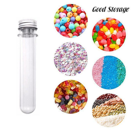 Plastic Test Tubes with metal caps displayed on a laboratory counter.