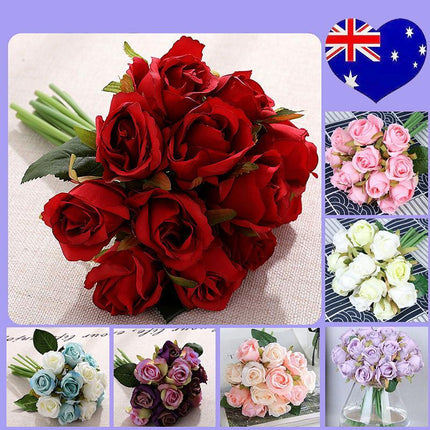 12 Heads Silk Rose Artificial Flowers Fake Bouquet - Aimall
