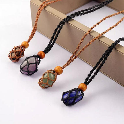 Empty Stone Holder Necklace Crystal Quartz Gemstone Cage Rope Cord Pendant DIY - Aimall