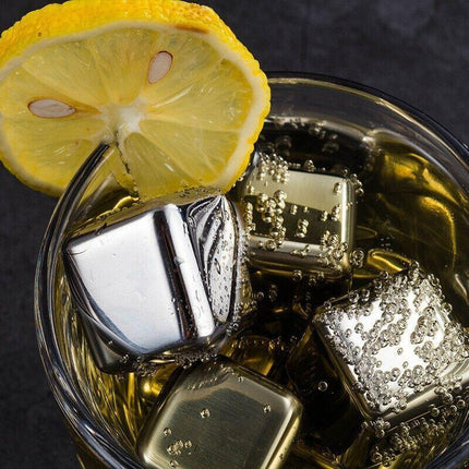 Stainless Steel Whiskey Stones x 8 Ice Cubes With Tong Reusable Cooling Ice Cube - Aimall