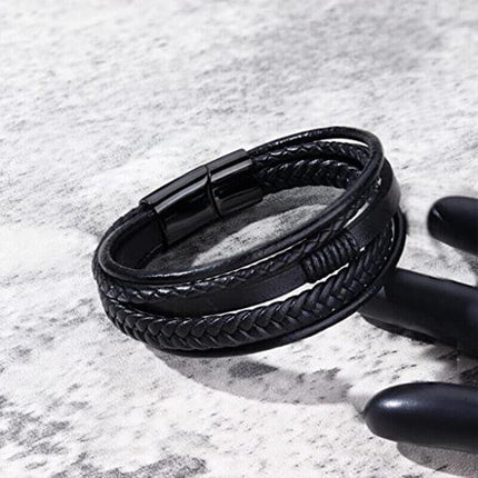 Men Stainless Steel Buckle Leather Bracelet Bangle Cuff Vintage Wristband Rope - Aimall