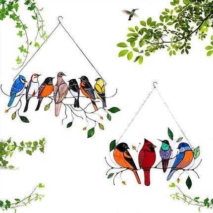 Stained Birds-On-A-Wire Window Panel Hanging Suncatcher Ornament Gifts AU Stock - Aimall