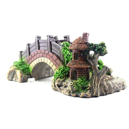 Aquarium Fish Tank Ornament Bridge Resin Rock Pavilion Tree Landscape Decoration - Aimall