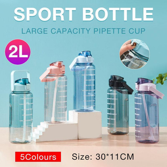2L Water Bottle Straw Cup Motivational Drink Flask With Time Markings Sports Gym - Aimall