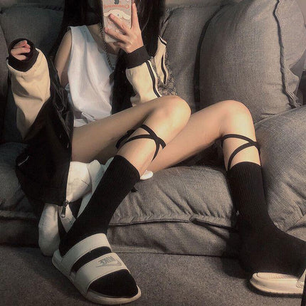 Cross-Tie Women Lolita Socks Bandage Stockings Korean Style Middle Tube Socks AU - Aimall