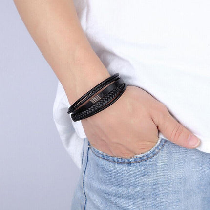Men Stainless Steel Buckle Leather Bracelet Bangle Cuff Vintage Wristband Rope - Aimall